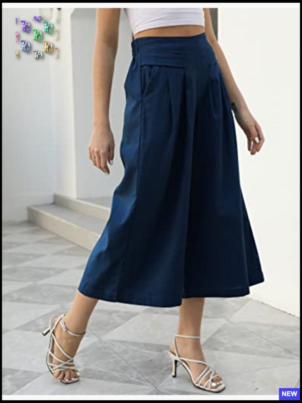 Wide Leg Linen Blend Palazzo Trousers with Pockets Cropped - Picture 6 of 7